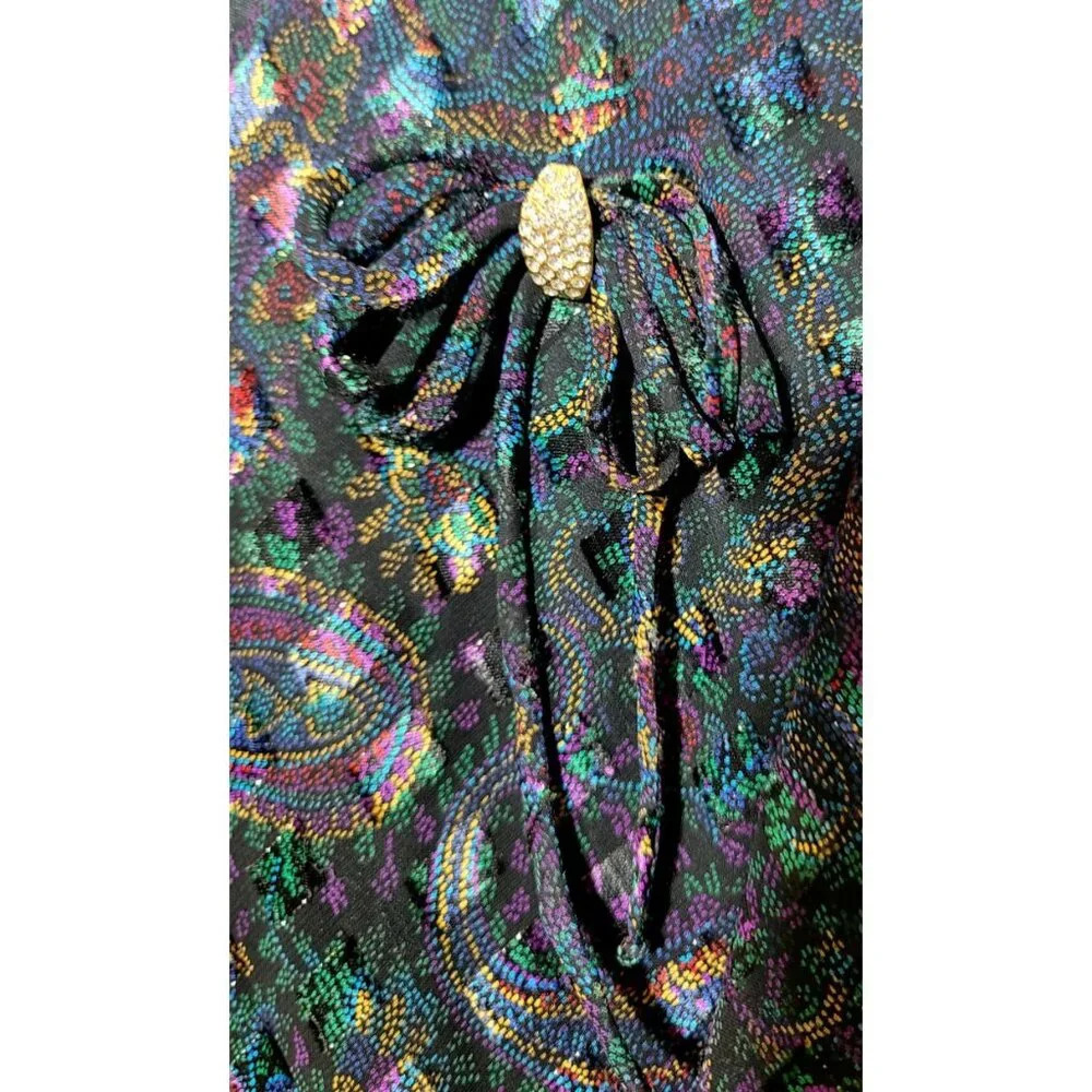 Vtg Cattiva Dress Sz M Midi Geometric Bow Layered Ruffle Chiffon Metallic Retro - Picture 4 of 12